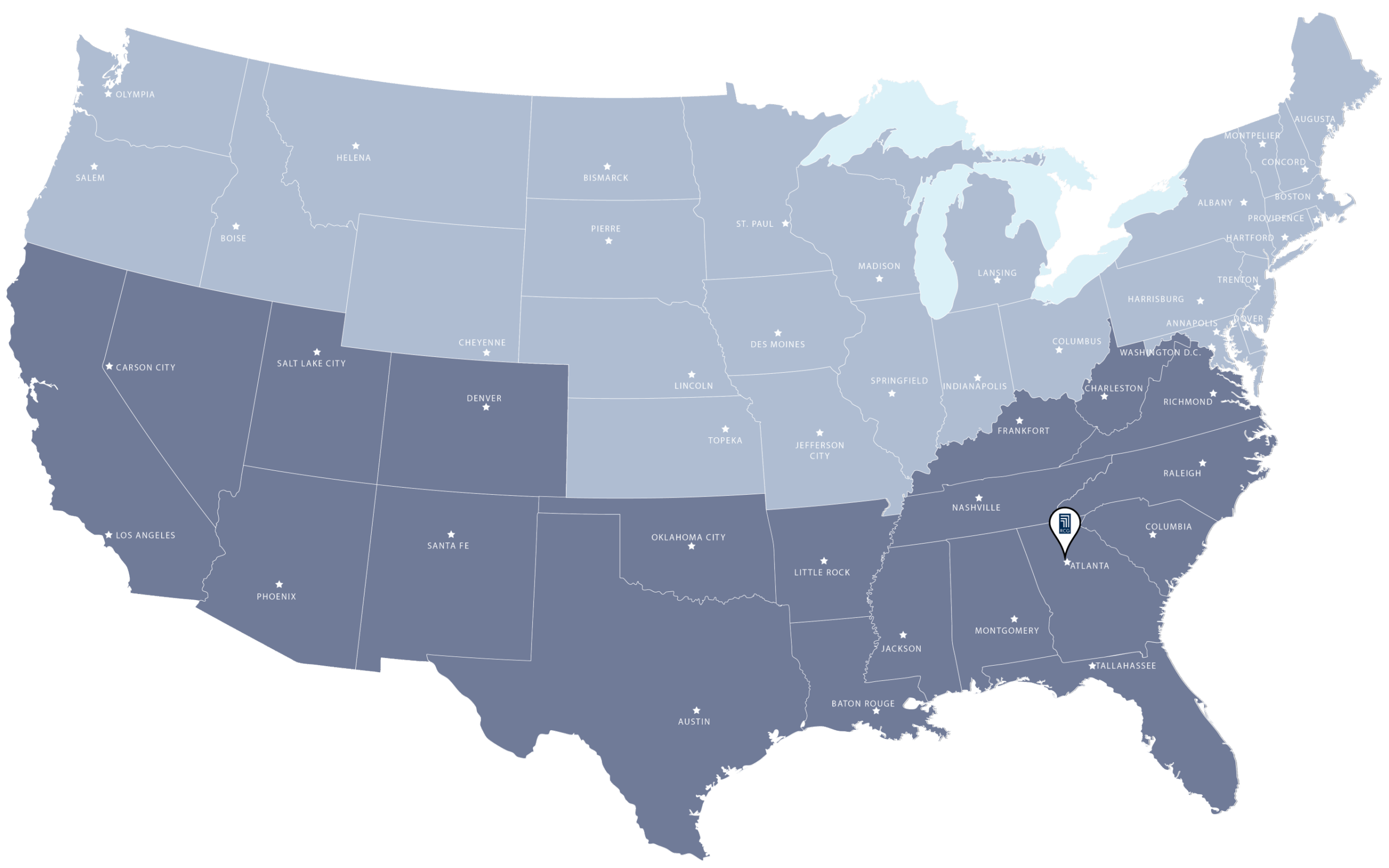 Map of continental USA divided by employee's territory